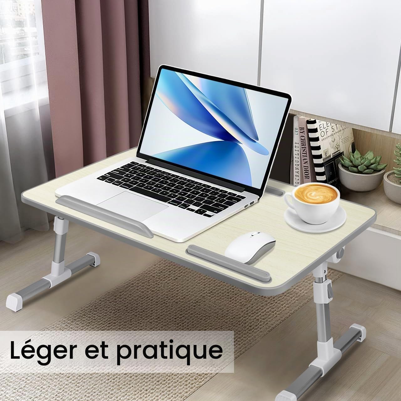 Table de Lit pour Ordinateur Portable, Pliable, Réglable en Hauteur et Angle, Plateau de Lit avec Tiroir/Fente pour Tablette, Table pour Canapé, Sol (60 x 34 cm, Beige)