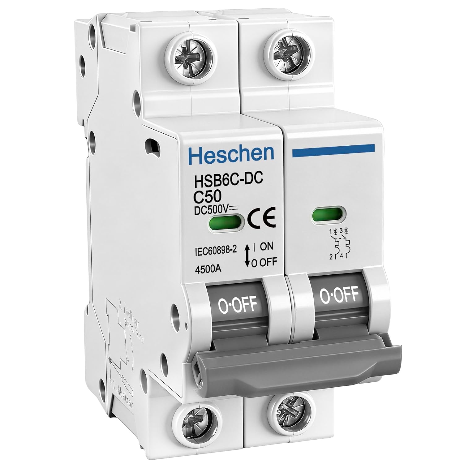 2-полюсний автоматичний вимикач Heschen DC 500V 50A DC HSB6C-DC для фотоелектричної системи сонячної панелі, кріплення на DIN-рейк
