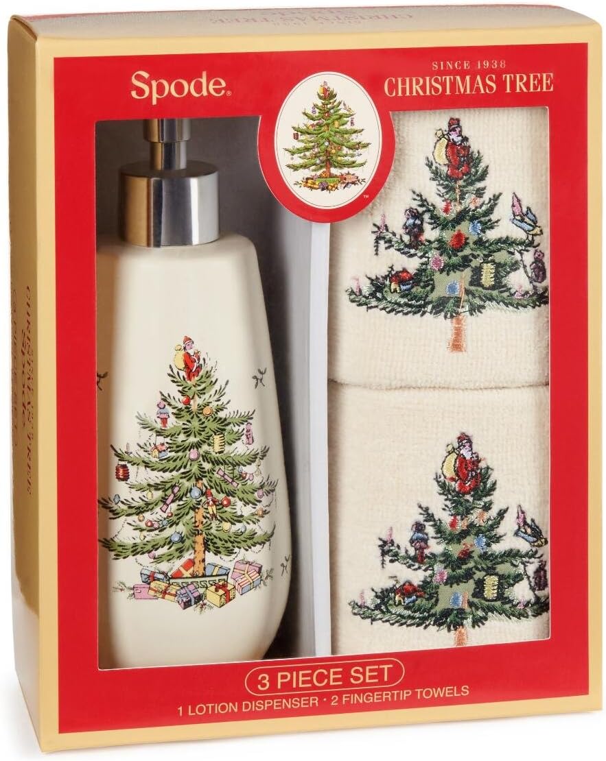 Spode Christmas Tree Lotion / Hand Soap Dispenser & 2 Fingertip Guest Towels, Gift
