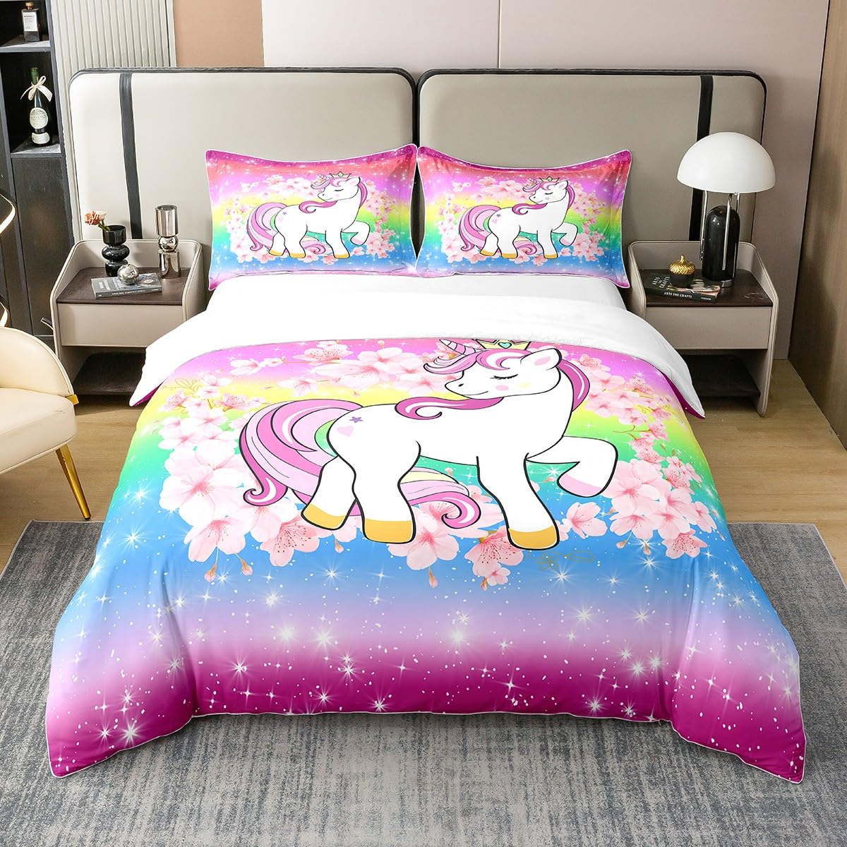 Housse de couette licorne 155x220 cm avec parure de lit en coton multicolore pour enfant