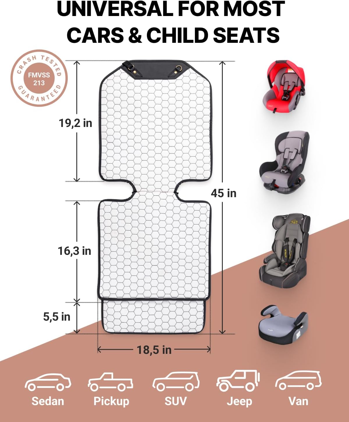 Owleys Set Seat Back Organizer & Car Seat Protector Hexy Waterproof & Non-Slip Protector for Child Car Cushion for Leather and Fabric Seats (White)