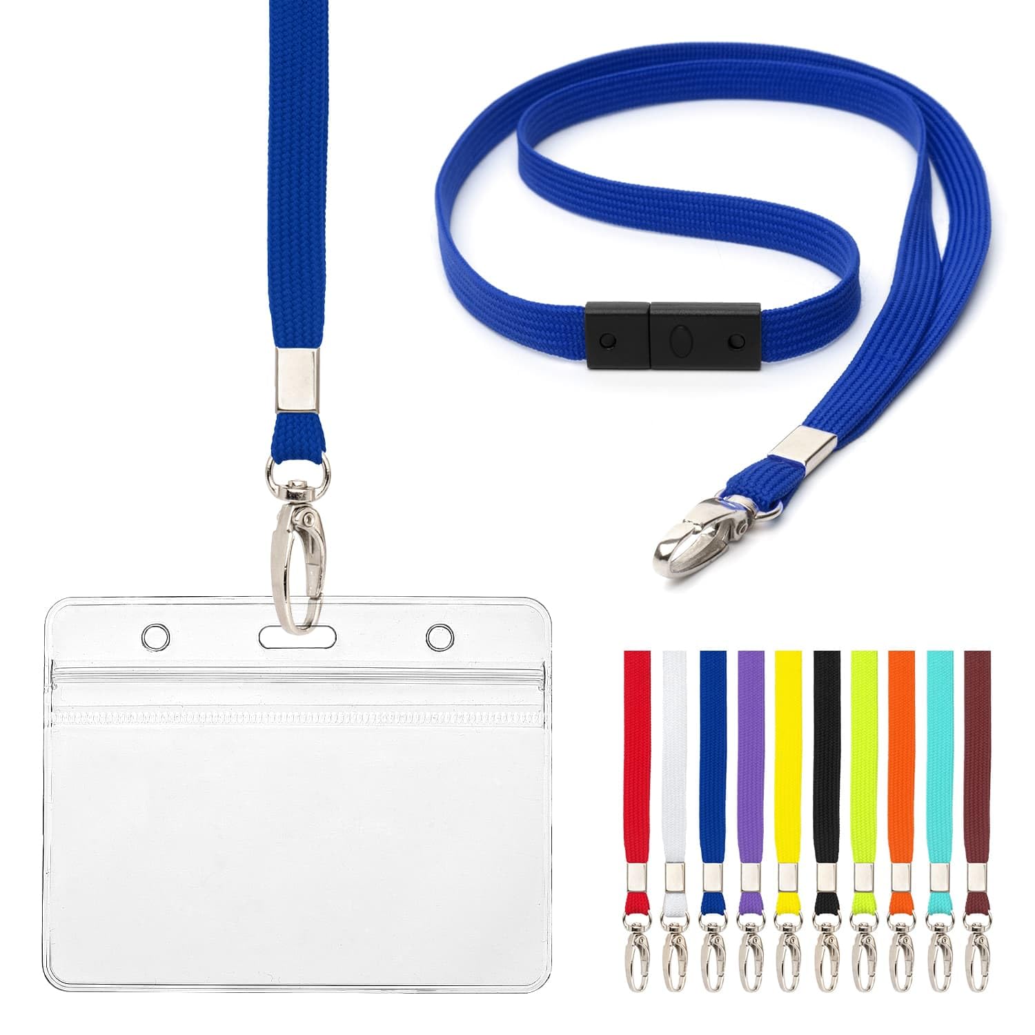 Lanyard with Card Holder 10 Pcs Breakaway Safety Neck Lanyards with Grip Seal Clear Waterproof Holders ID Name Tag Plastic Wallet Badges for Work ID Business Events Holds 9 x 6.8cm (Blue)