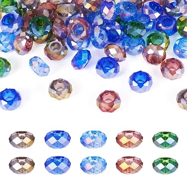 50Pcs Faceted Glass Large Hole European Beads Colorful Flat Round Rondelle Slide Charms No Metal Core Crystal Loose Spacer Big Hole Beads for DIY Snake Chain Charm Bracelet Jewelry Making