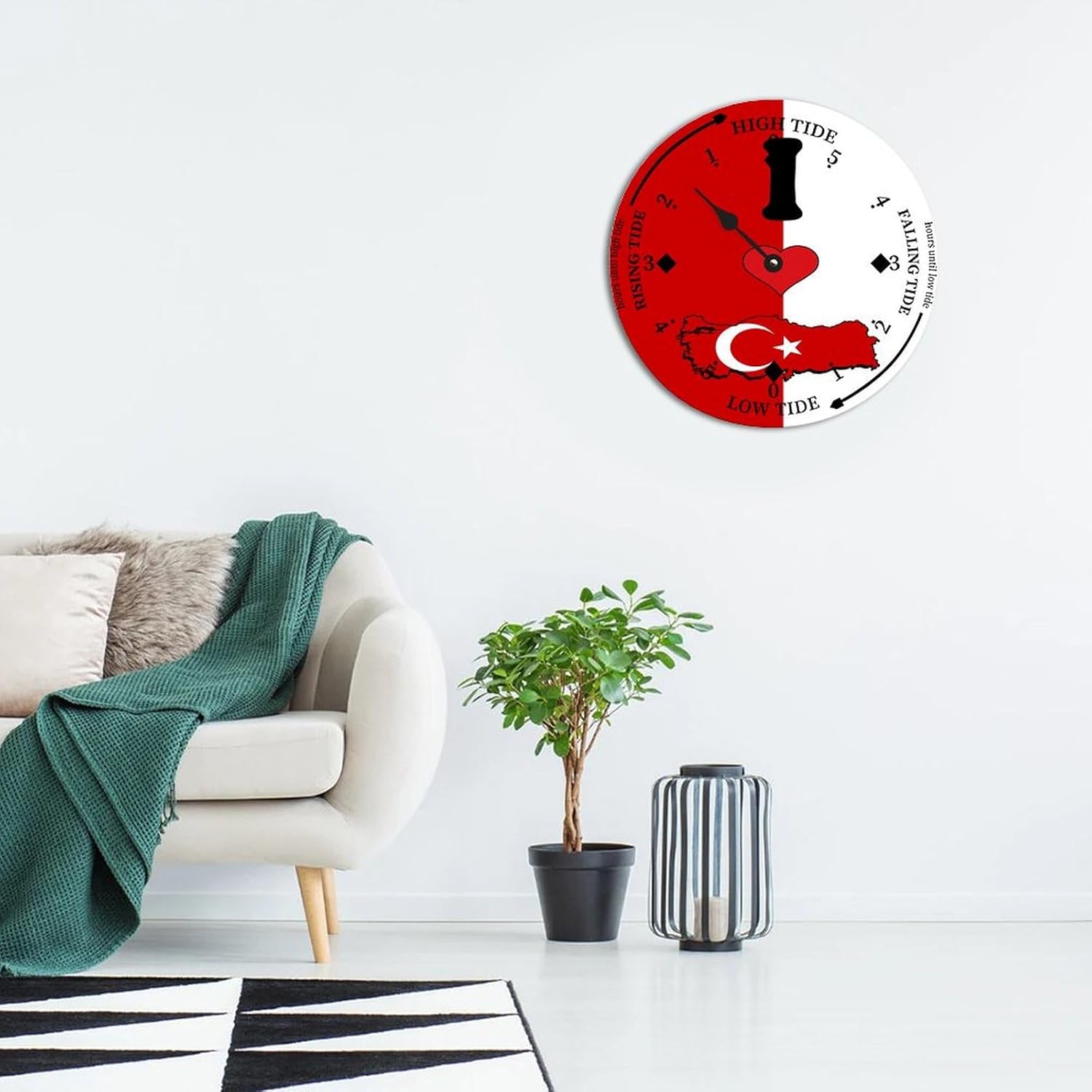 National Vintage Beach Time Tide Clock - Turkey Flag Tidal Clock Moon Clock Silent Non-Ticking Battery Operated Wooden Wall Clock for Cottage Beach Boat Living Room Bedroom Home Decor 15 Inch