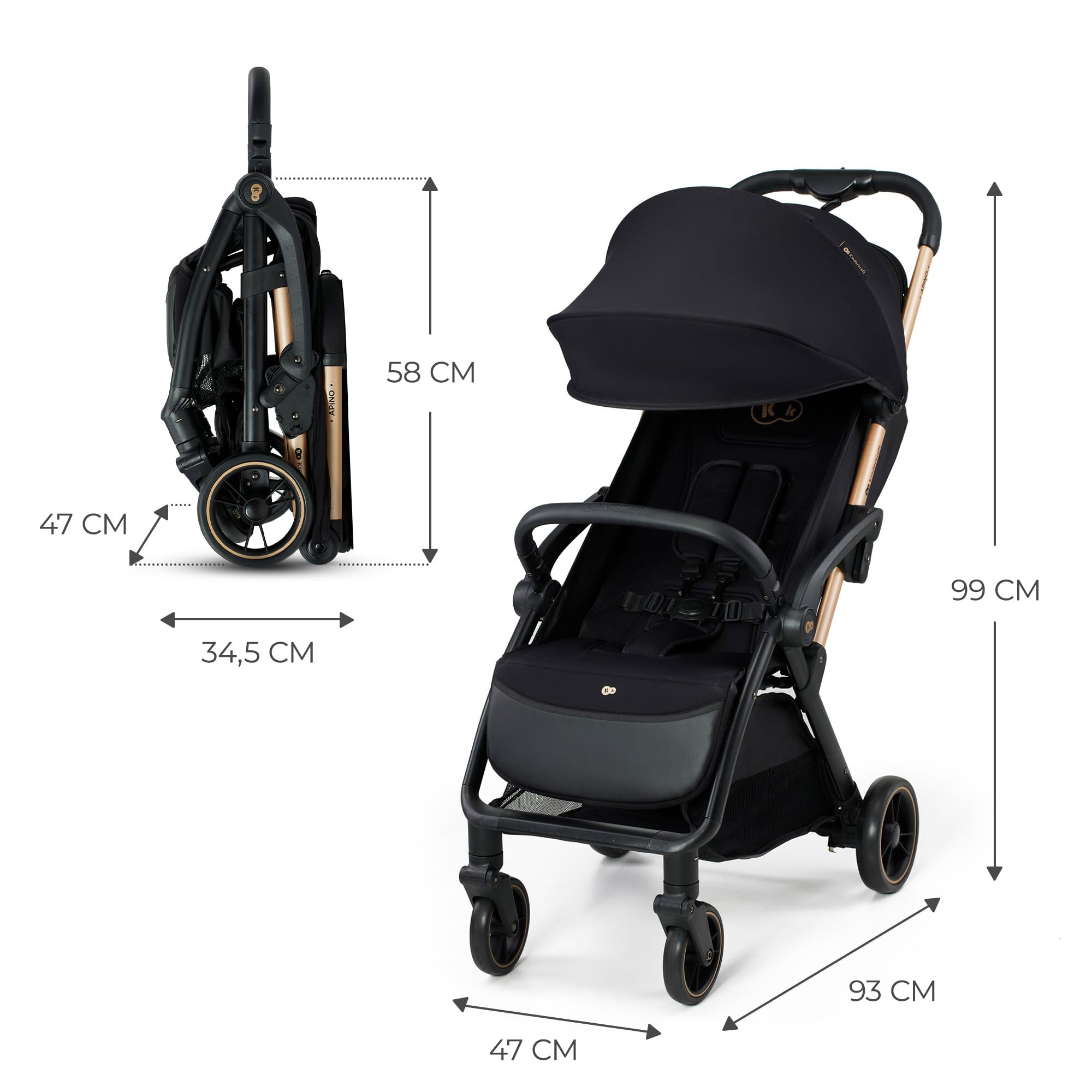 Kinderkraft APINO Poussette Légère, Ne Pèse Que 7,5 kg, Poussette De Voyage, Pliage automatique, AUTO FOLDING, Facile À Pince, Dossier Réglable En Position Allongée, poids maximum jusqu'à 24 kg, Noir