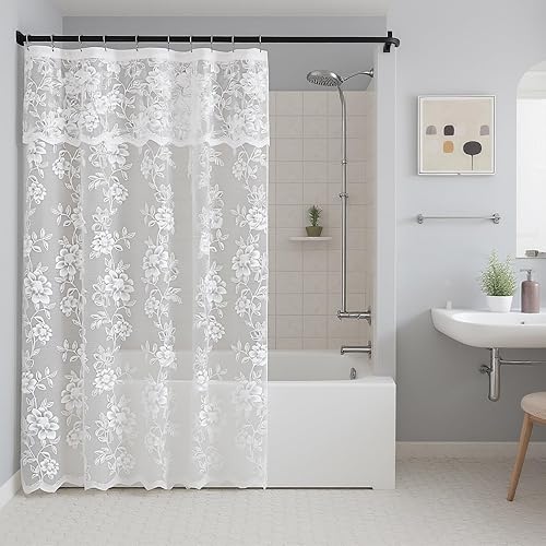 Miniatura 11 de FINECITY Cortina de ducha de encaje pequeño blanco, 1 panel, 36 pulgadas de ancho x 72 pulgadas de largo, cortina de encaje transparente con patrón