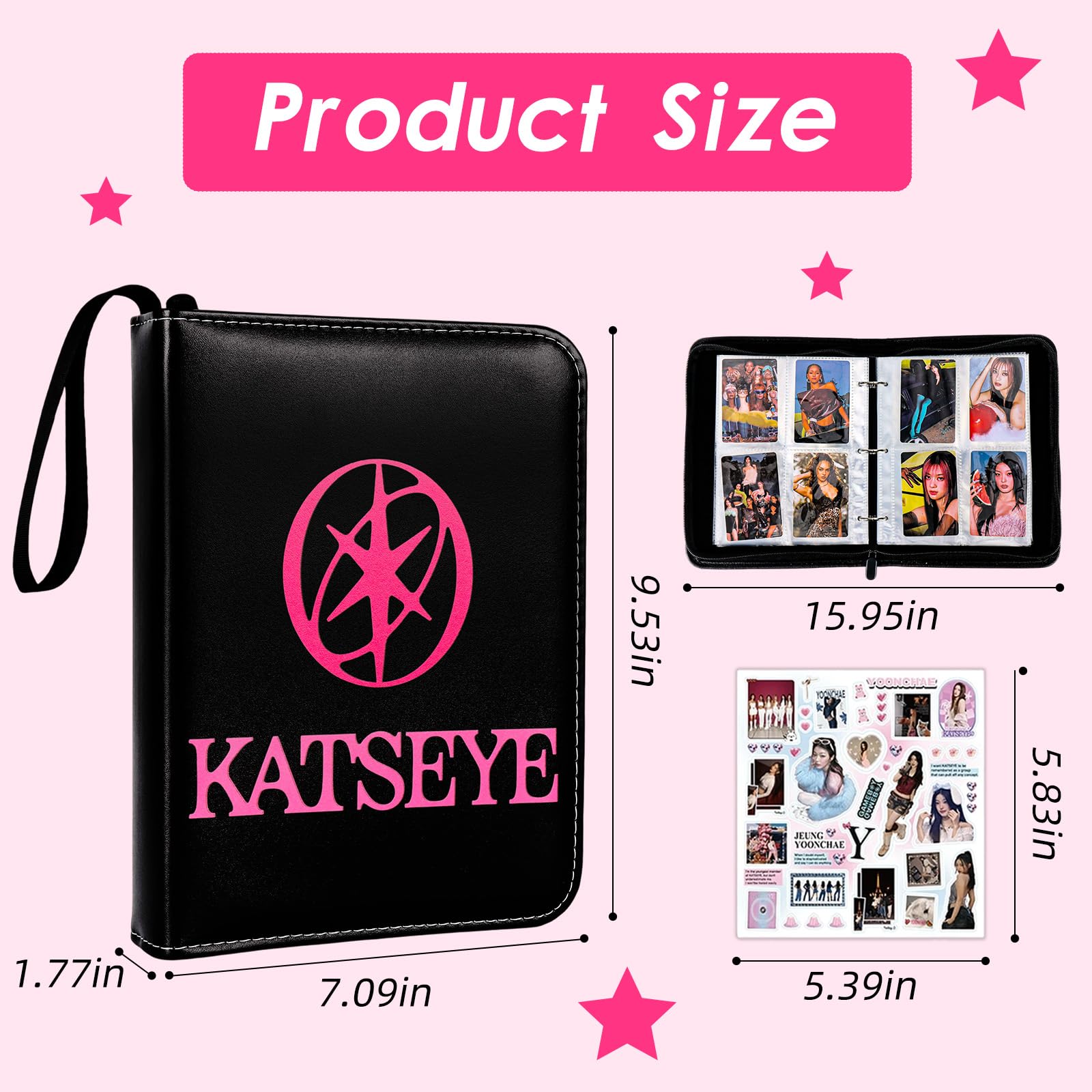Katseye - Carpeta para tarjetas fotográficas A5 con 50 páginas de tarjetas de 4 bolsillos, álbum de coleccionista de tarjetas de 3 anillos con 6 calcomanías y 400 ranuras para tarjetas, cubierta de