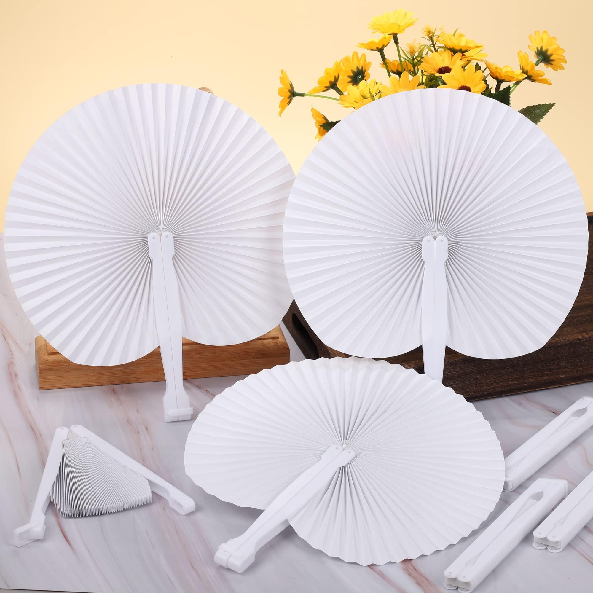 Aodaer 100 Stück Hochzeits-Papierfächer, faltbar, Handfächer, weiß, runde Fächer mit Kunststoffgriff, für Hochzeit, Geburtstag, Party, Gastgeschenke (rund)