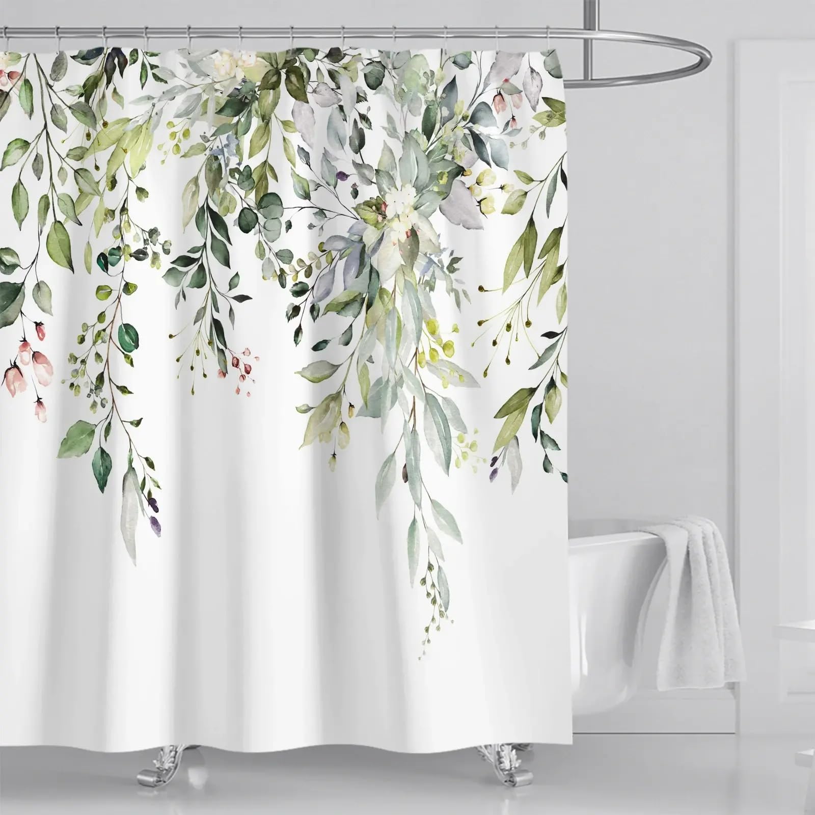 Rideau de douche aquarelle haut de gamme avec motif plante supérieure et crochets de fixation