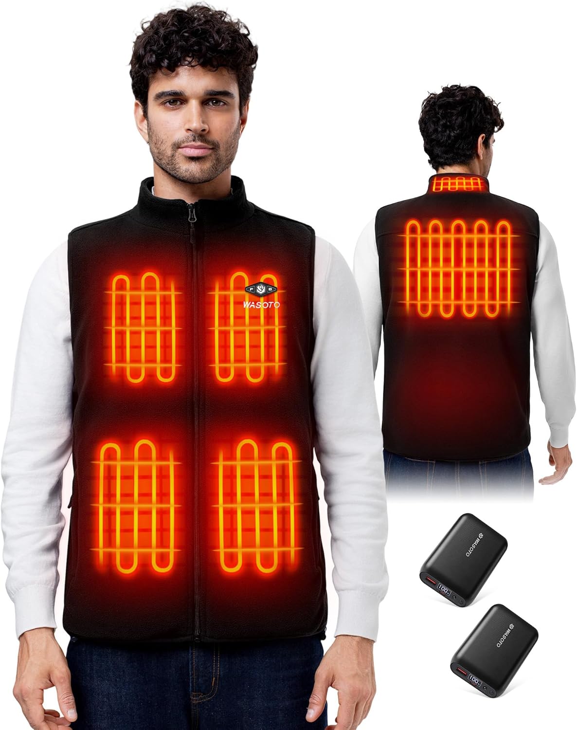 WASOTO Fleece Heated Vest for Men（Black,L） with 2×16000mAh Battery Packs Charger Included