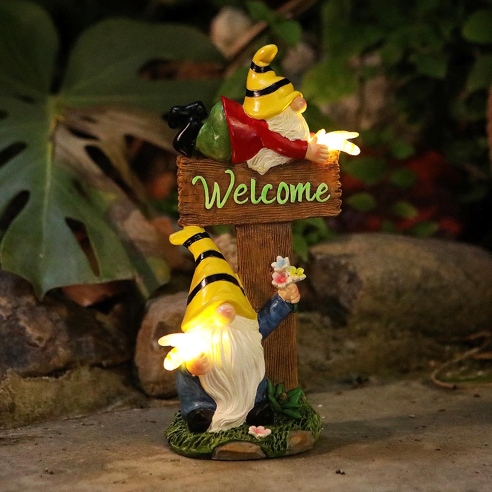 Decorazioni a forma di gnomi – 20 cm dipinto, finitura in pietra, contorno a cappello appuntito, struttura rustica invecchiata, statue illuminate notturne, base piatta autoportante per prato