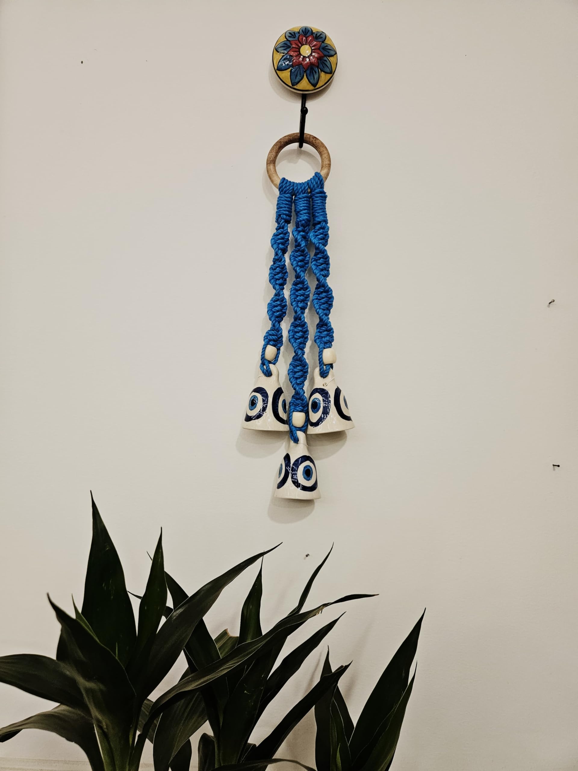 Blue Evil Eye Wall Hanging with Ceramic Bells, Handcrafted Floral Design, Macrame Cord Decoration-image-17