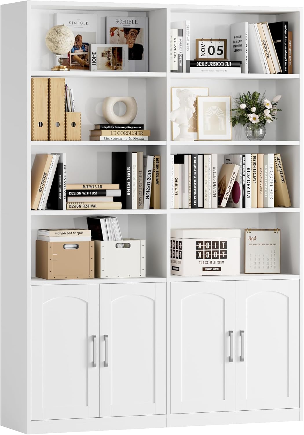 Bookshelf and Bookcase with Doors, 6 Tier Double Wide Large Bookshelves, Open Display Shelves, 73” Tall Bookshelf with Storage Cabinets for Home Office, Living Room, Library, White