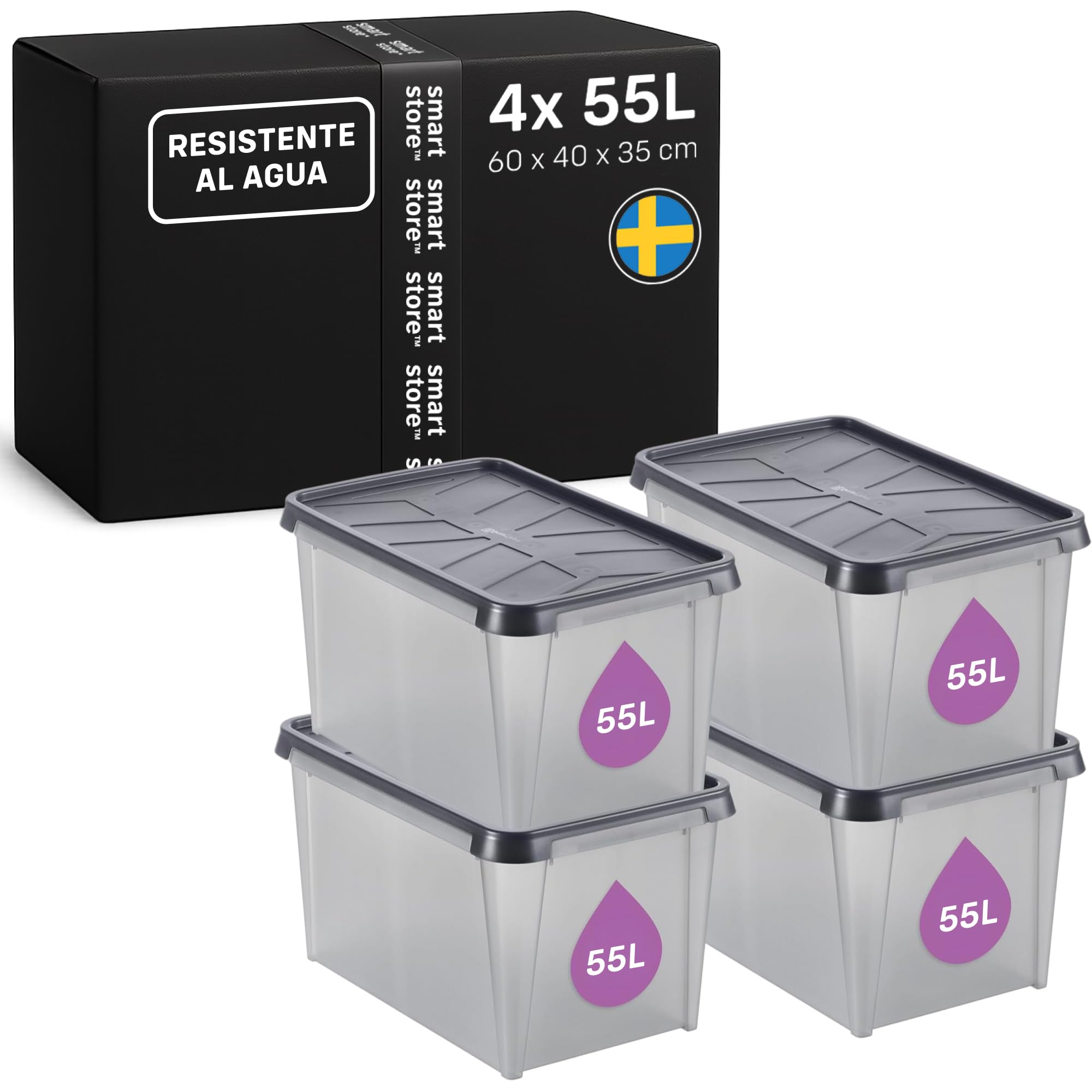 SmartStore Caja Almacenaje con Tapa 55 L I Pack 4 Cajas Apilables I 60 x 40 x 35 cm I Impermeable, Antipolvo I Garaje, Trastero, Sótano I Apta Alimentos I Made in Sweden 10 Años