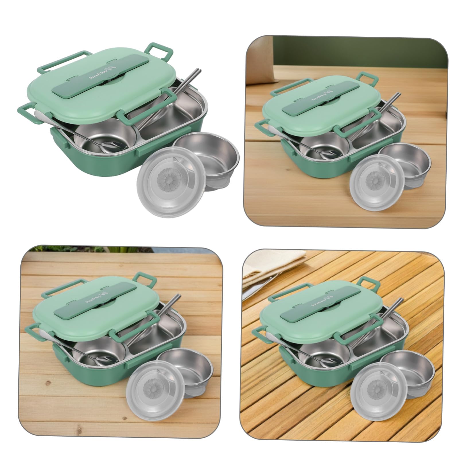 Alipis Bento Lunch Box in Acciaio Inox 1500ml 4 Scomparti | Verde, Set 1 Pezzo con Ciotola per Zuppa e Posate, per Scuola e Gite Lunghe