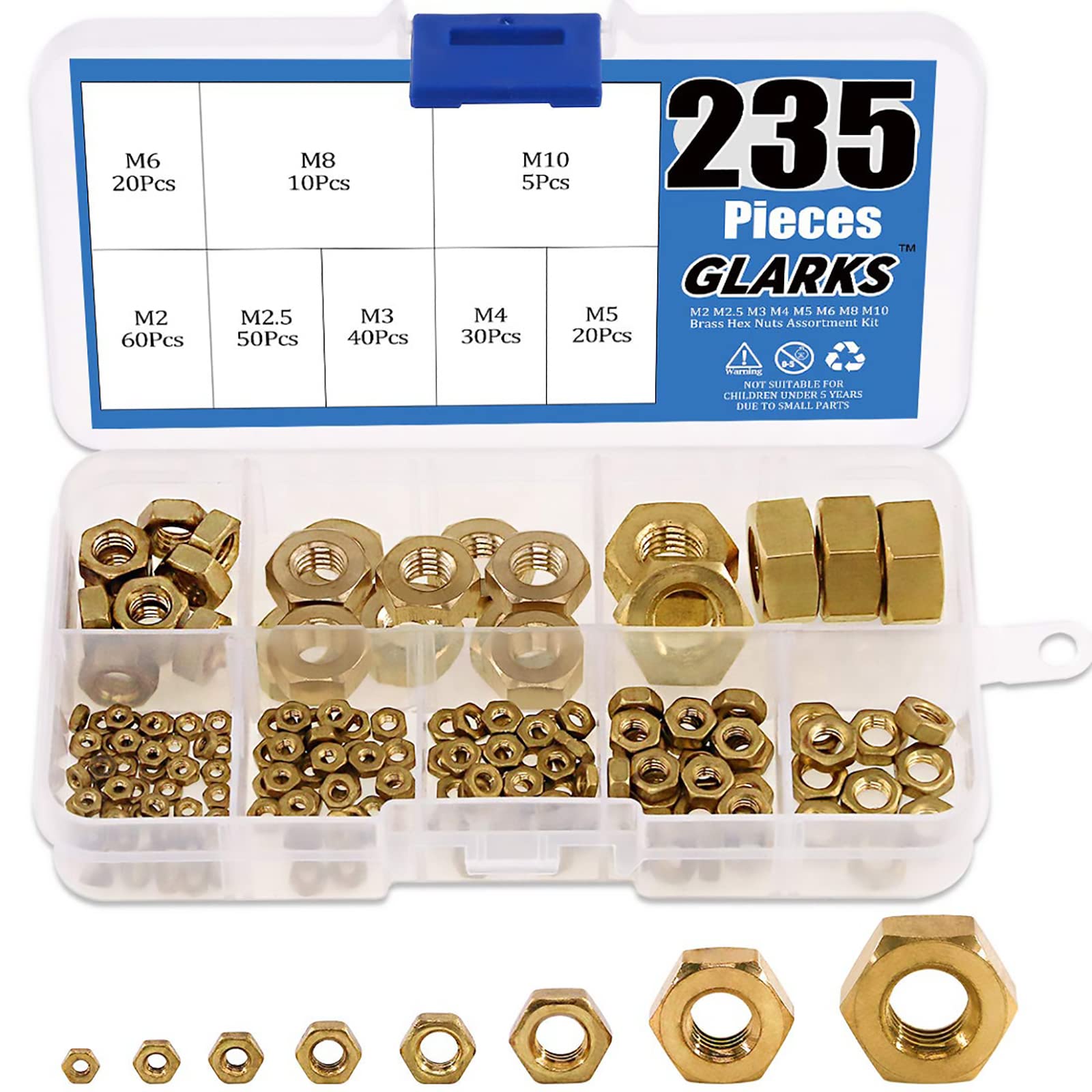 KASTWAVE 235Pcs Metric Brass Hex Nuts Assortment Kit for Screw Bolt High-Strength (M2 M2.5 M3 M4 M5 M6 M8 M10)