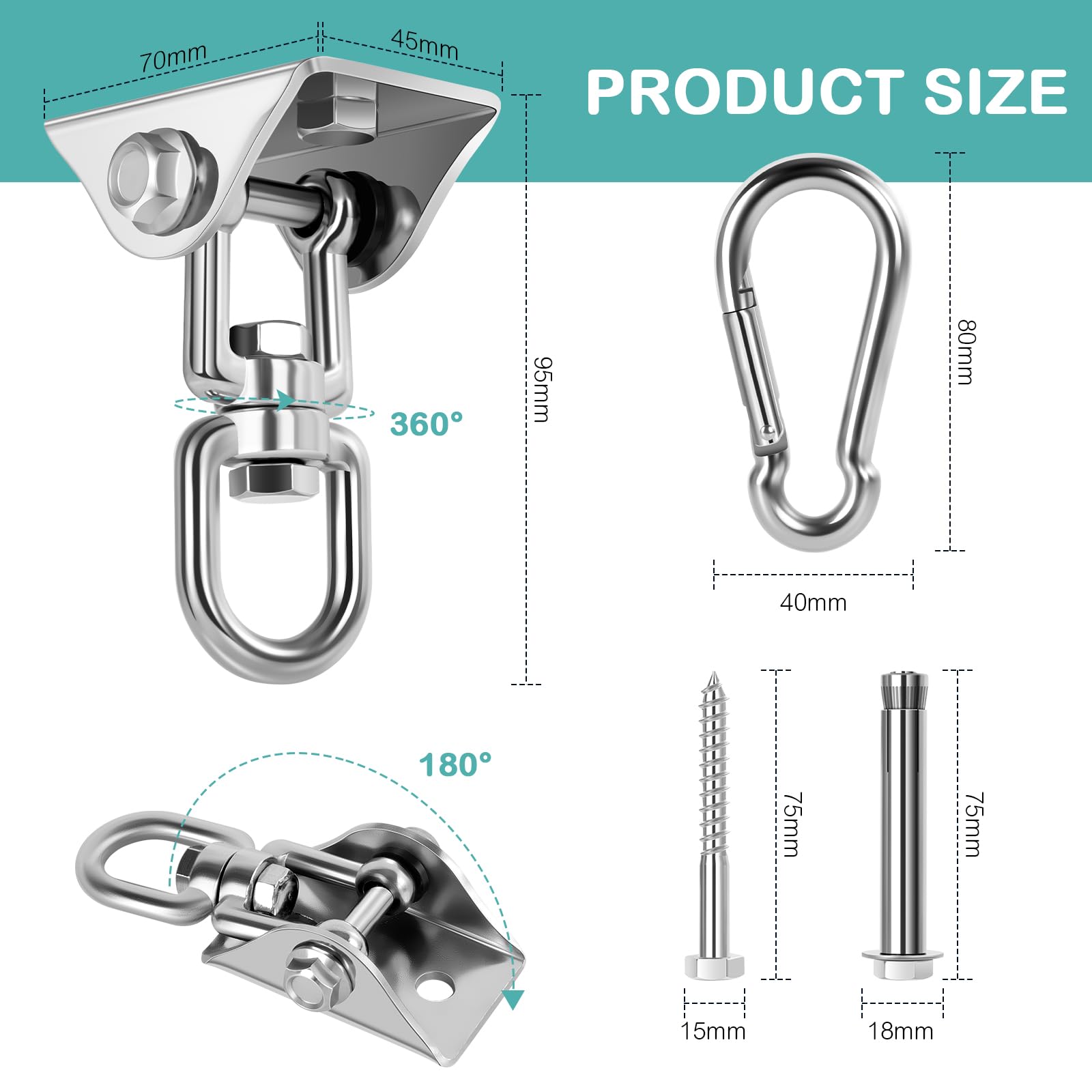 FoiiLiio Deckenhaken Schwerlast Edelstahl 2 Stück - 450kg Für Schaukel & Hängesessel