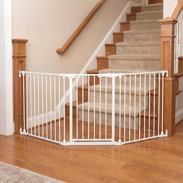 COSTWAY Barrera de Seguridad para Niños, 74,5-198 x 74,5 cm, Valla de Seguridad de 3 Paneles con Doble Bloqueo, Apertura en Dos Direcciones, Puerta Escalera de Metal para Bebés y Perros (Blanco) - 2