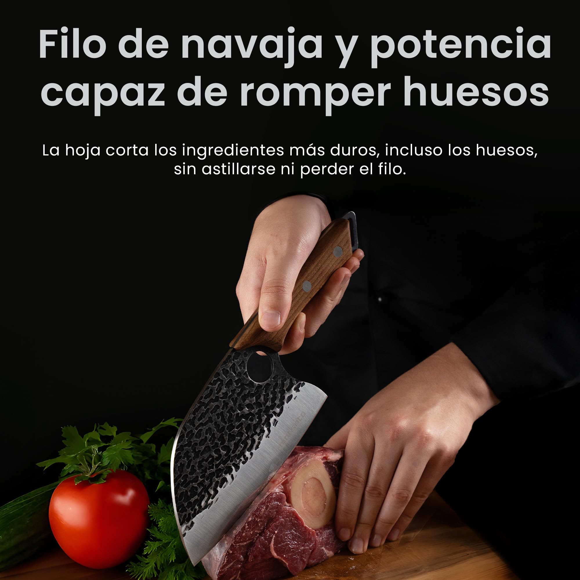 Matsato Cuchillo Carnicero Profesional de Acero Inoxidable con Mango Ergonómico de Madera de Haya, Cuchillo de Cocina Multifuncional para Cortes de Carne, Huesos y Verduras