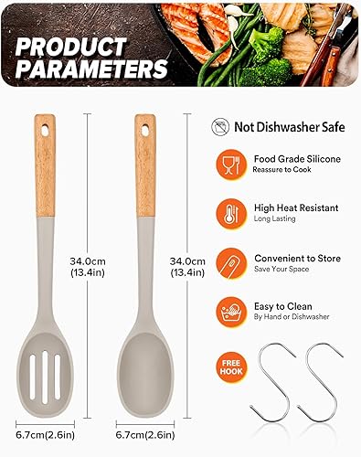 Miniatura 2 de Cucharas de cocina de silicona, ideales para recoger lados y servir guisos abundantes, silicona mate sin BPA, cuchara de servir con mango de madera