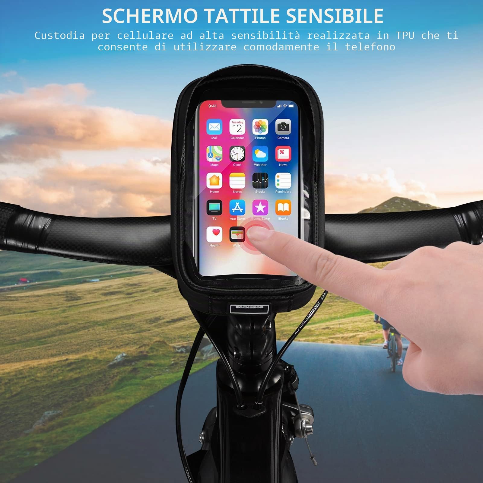 ROCKBROS Borsa da Manubrio Bici Impermeabile, Porta Cellulare per Bicicletta MTB, Borsa Porta Telefono, Smartphone sotto 6.5" Inches, TPU Touchscreen Sensibile, Grande Capacità1L, Accessori Bici
