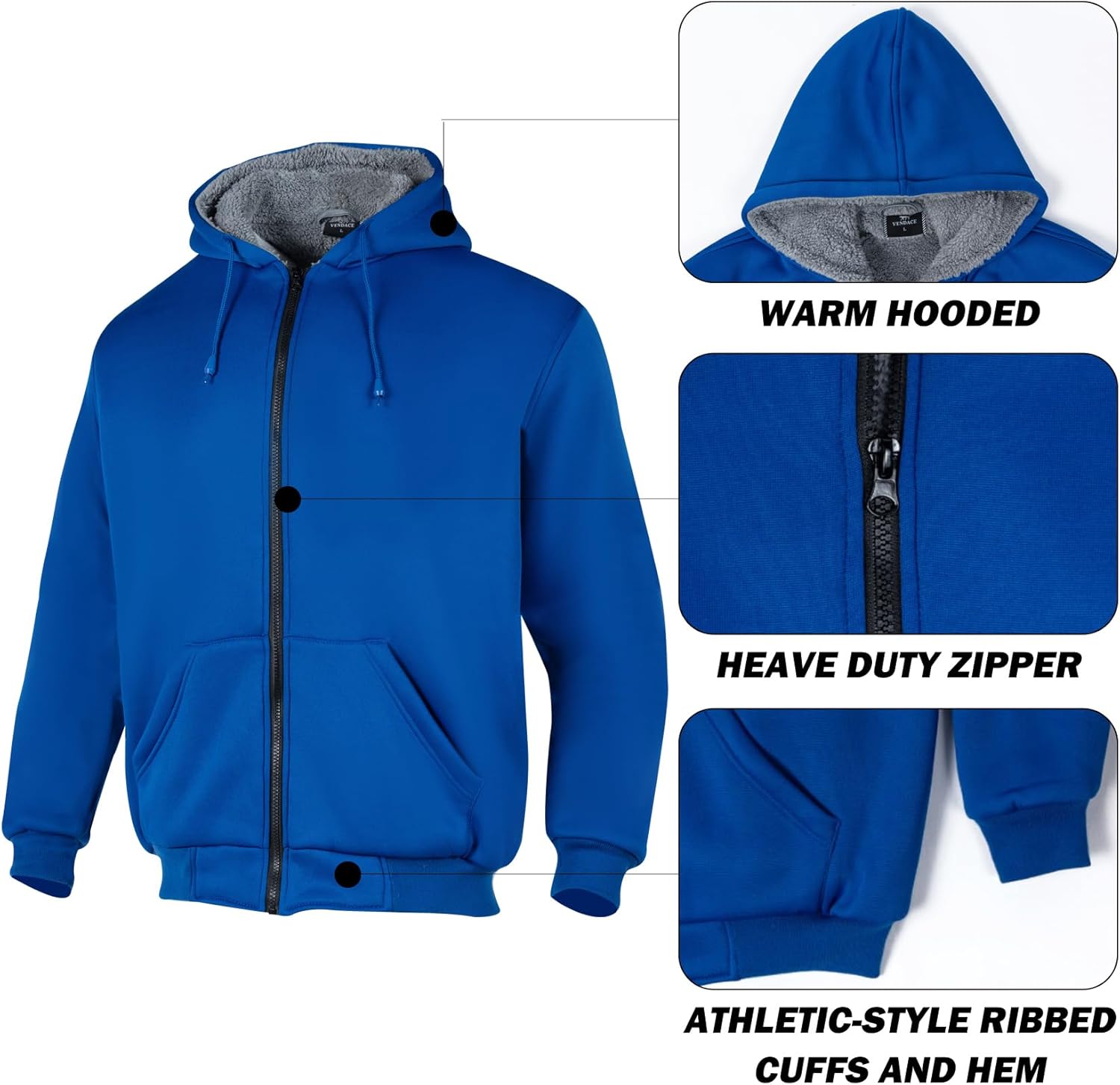 VENDACE Hi Vis Hoodie for Men Sherpa Fleece Lined Safety Sweatshirt Fleece Hoodie Zipper Construction Work Jacket Sweater - Image 7