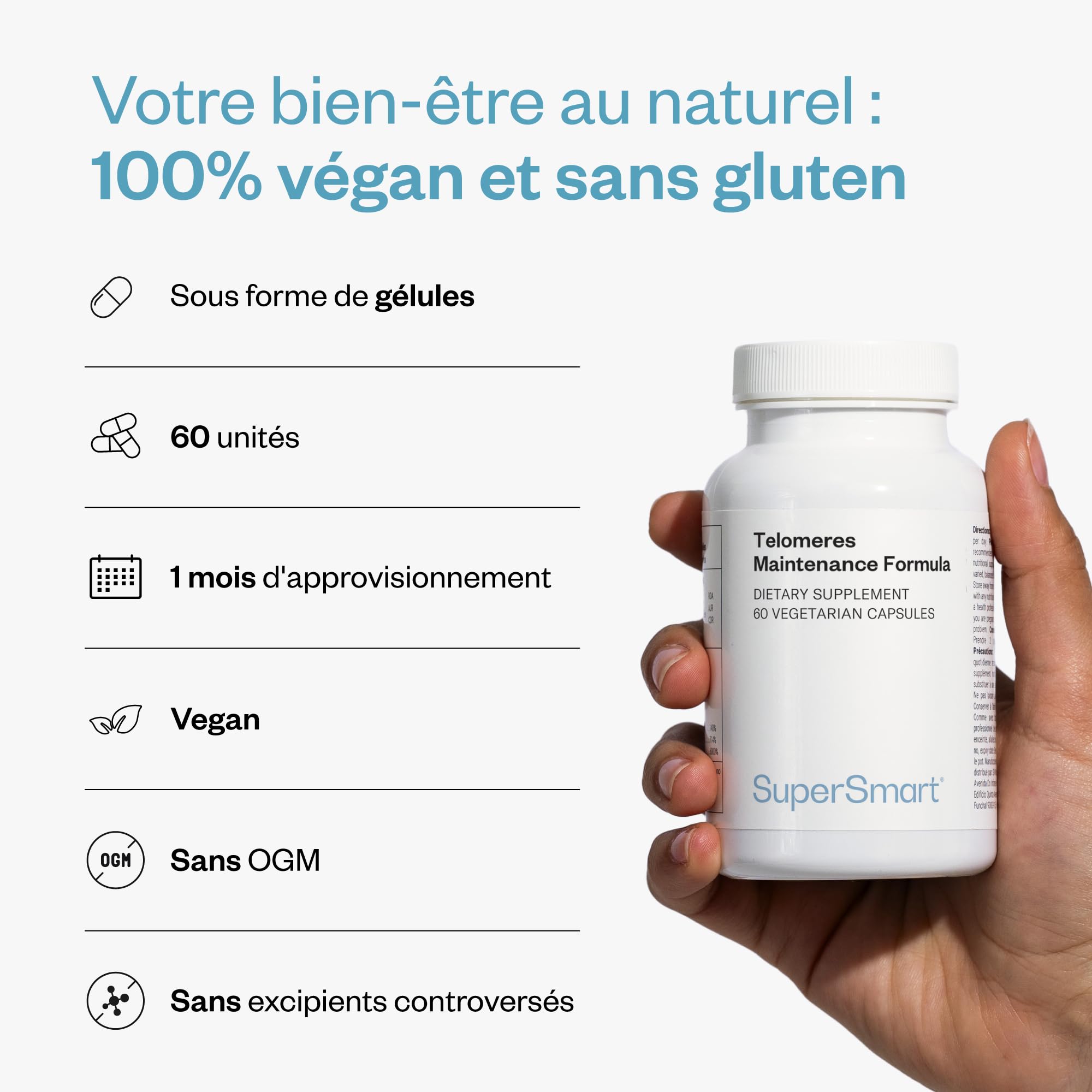 Telomeres Maintenance Formula - 60 Capsules Végétariennes - SuperSmart | Contient des Antioxydants Naturels Puissants (Catéchines de Thé Vert, Carnosine, Gamma-Tocotriénols) - Sans OGM