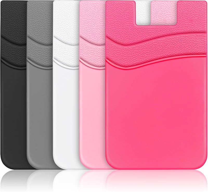 SHANSHUI Cartera para teléfono, Funda de Silicona Adhesiva Fuerte con Bolsillo para Tarjetas de crédito de identificación para Todos los teléfonos Inteligentes, Paquete de 5 Negro, Blanco, Gris, Rosa y Rosa
