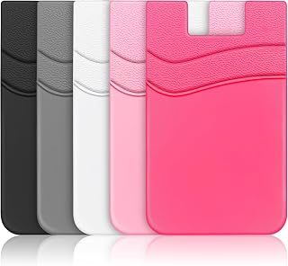 SHANSHUI Phone Wallet, Strong Adhesive Silicone Wallet Sleeve Pocket Stick on ID Credit Card Holder for All Smartphones - 5 Pack Black White Grey Pink Rose