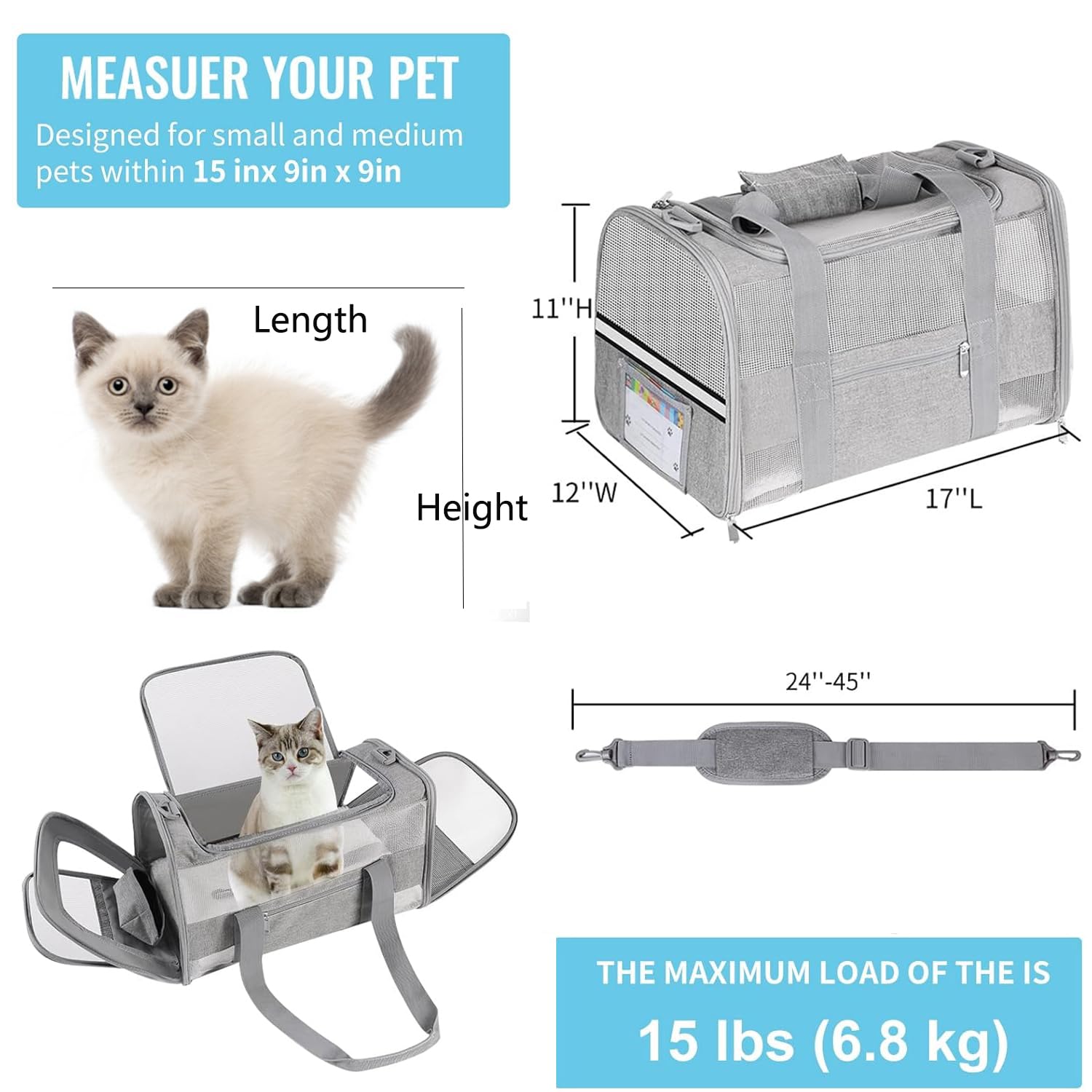 Transportador suave para gatos con certificado Oeko-TEX para gatos, perros pequeños, transportador plegable de viaje para perros pequeños, aprobado por aerolíneas TSA para gatos grandes, 15