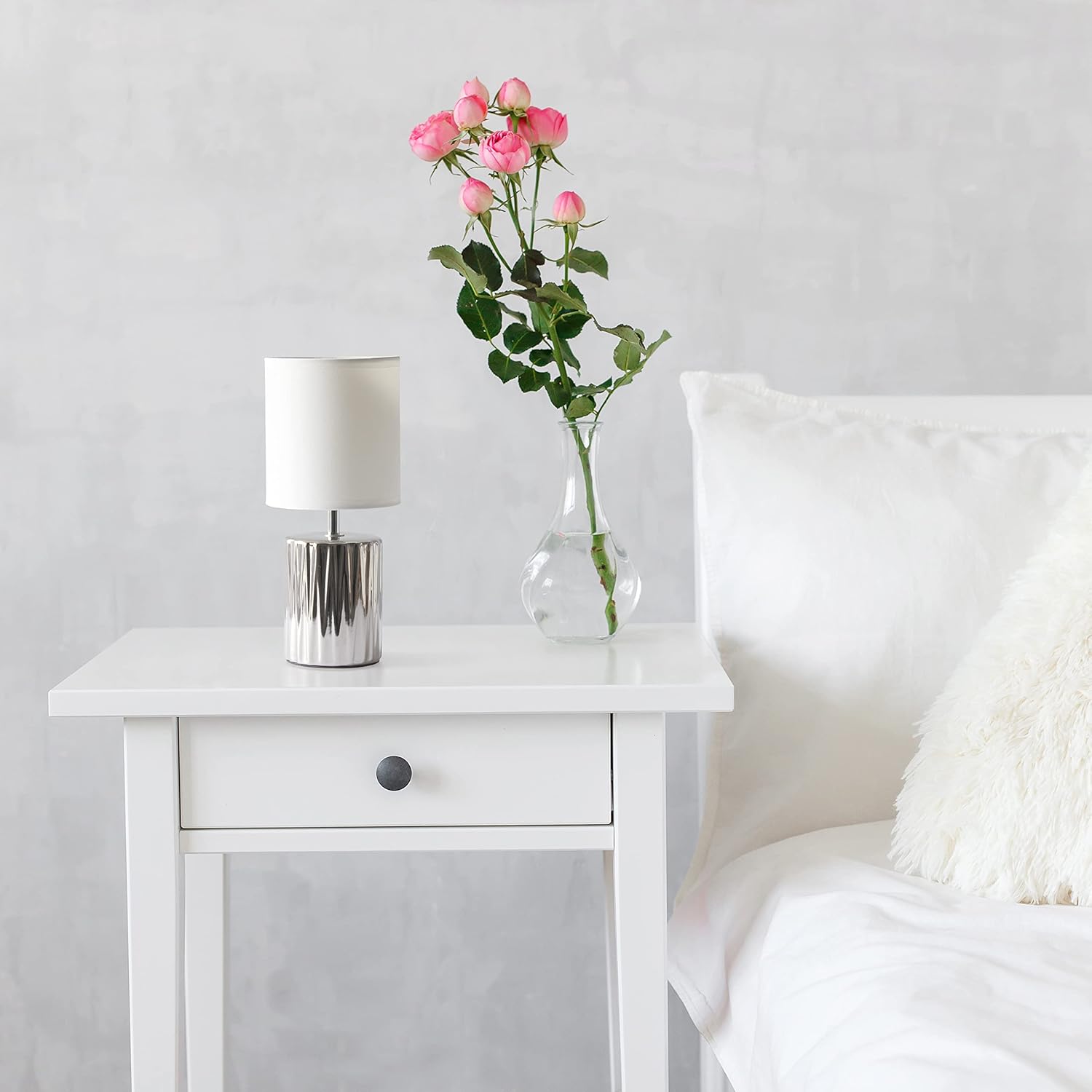 Simple Designs LT1132-CHR 11.61" Tall Contemporary Ruffled Metallic Chrome Capsule Bedside Table Desk Lamp w White Drum Fabric Shade for Home Decor, Bedroom, Living Room, Entryway, Office