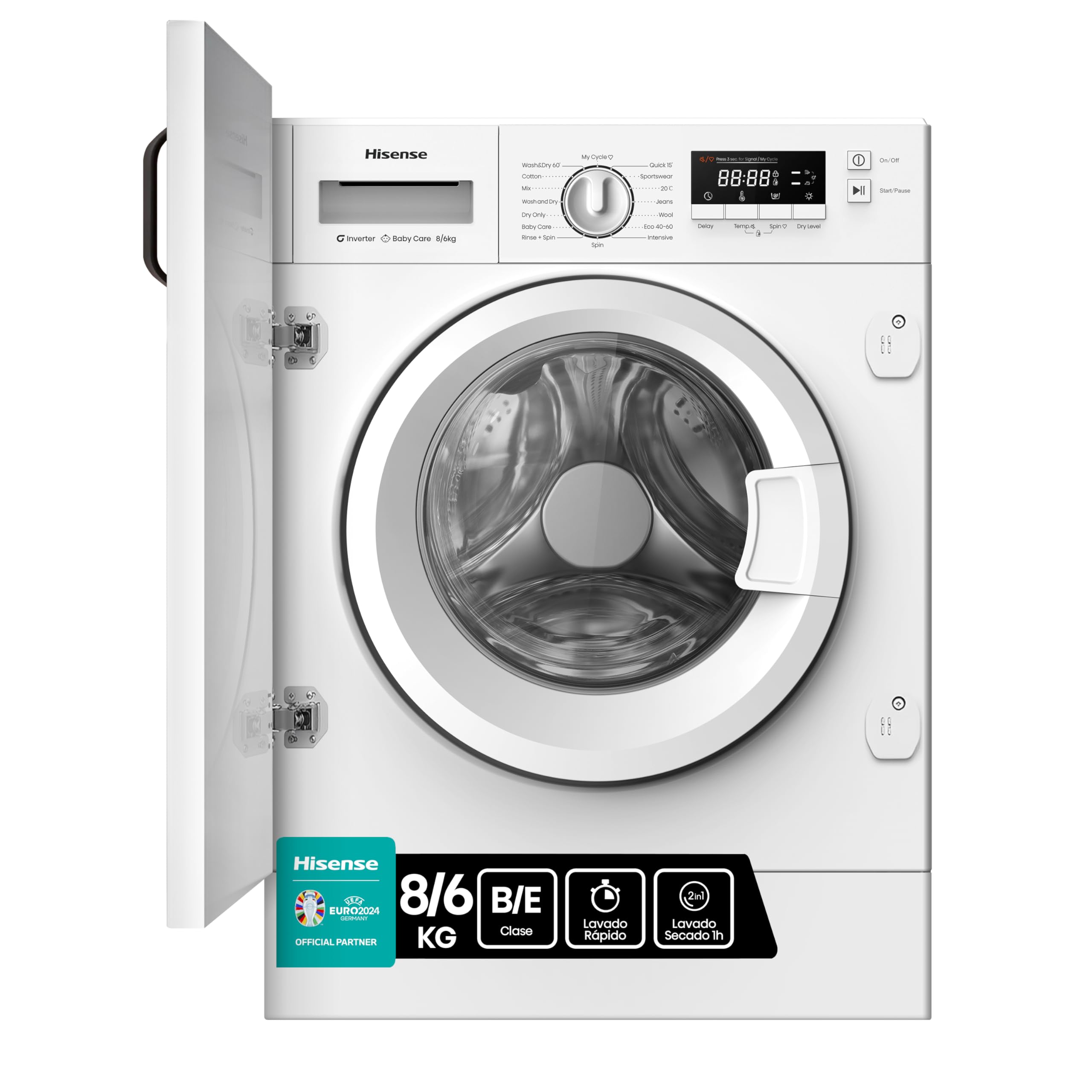 Hisense WD3M841BWIES - Lavasecadora, Clase E/B, 8kg/6 kg, Lavado Secado 1h, Pausar y Añadir, Finalización Diferida, Tecnología Inverter, Blanco