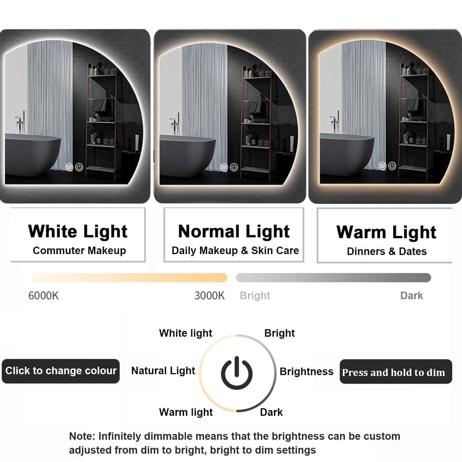 Duże lustro łazienkowe LED – 60 cm nieregularne półokrągłe inteligentne lusterko kosmetyczne ze stylowym oświetleniem do nowoczesnego wystroju domu i eleganckiego odbicia makijażu