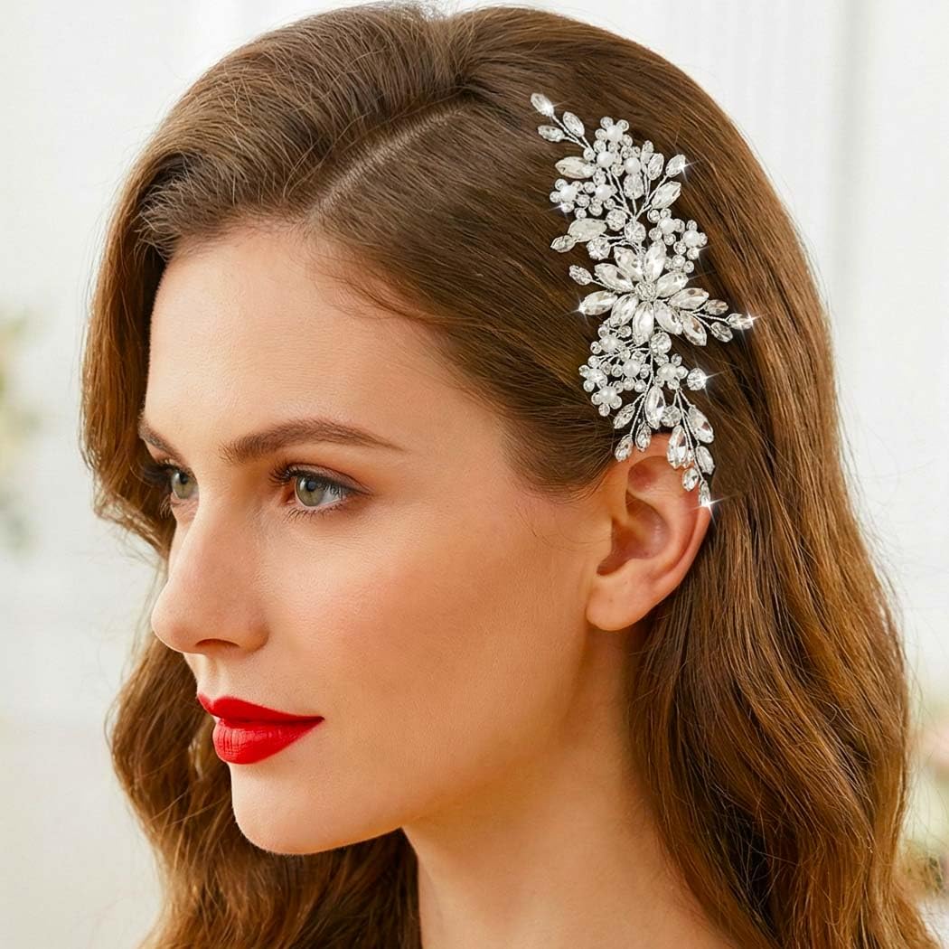 HEREAD Rhinestone Bride Wedding Hair Comb Silver Crystal Bridal Hair Pieces Flower Hair Accessories for Women (Silver)