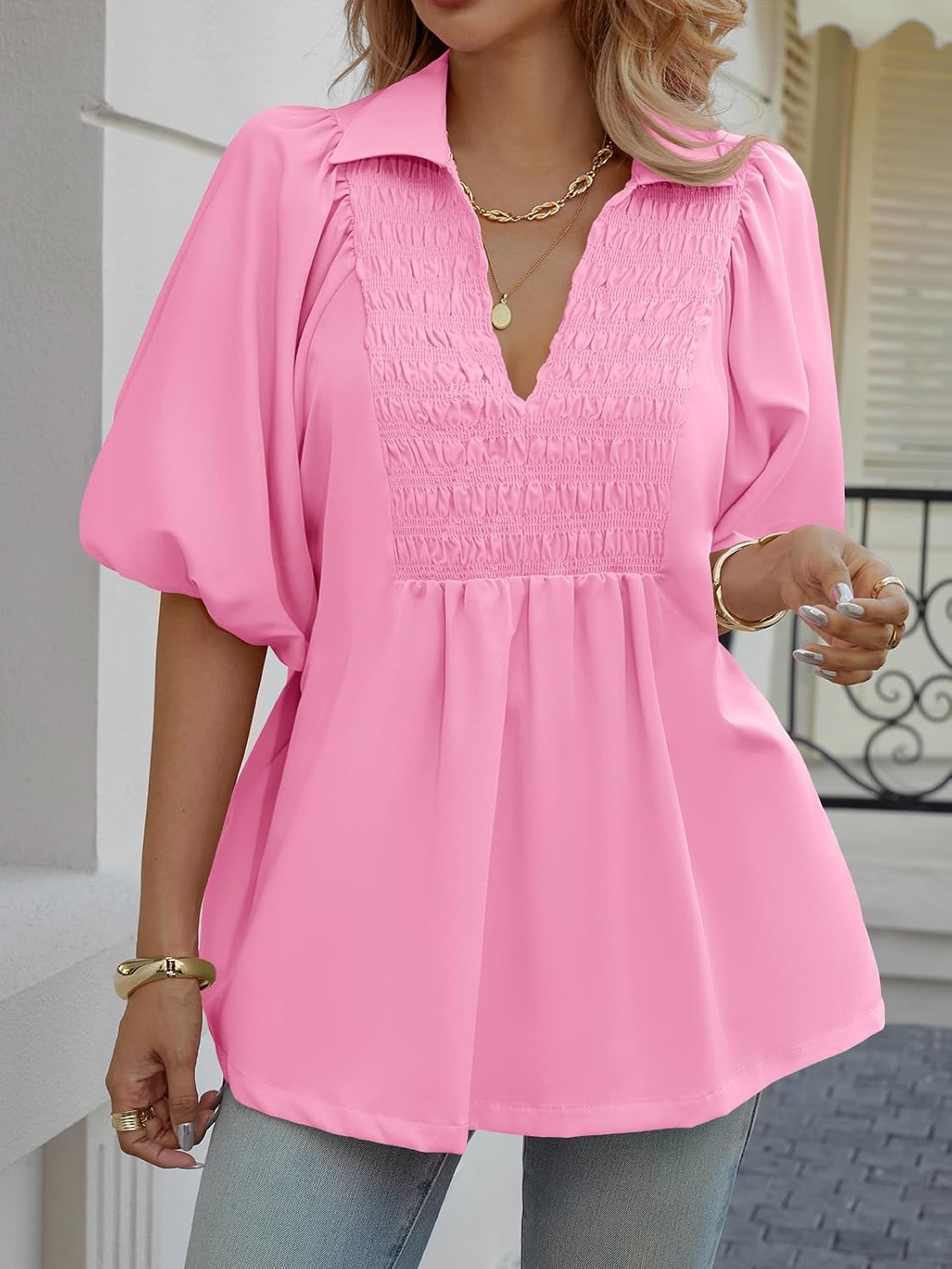 Cicy Bell Womens Summer Puff Sleeve Blouses Smocked V Neck Babydoll Peplum Casual Tunic Tops Loose Fit Pleated Shirts
