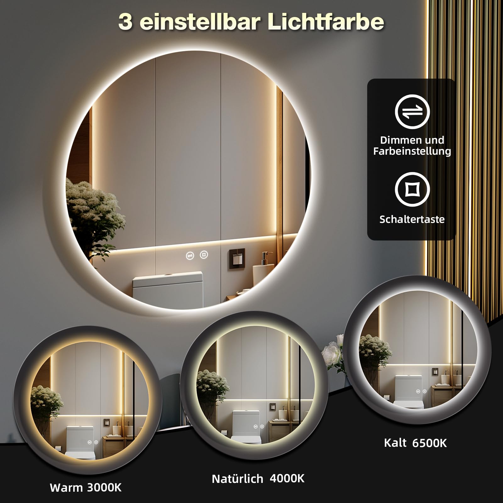 Badezimmerspiegel mit Beleuchtung, 60 cm Runder Badspiegel mit Beleuchtung, 3 Lichtfarben, Dimmbar, Touch-Schalter, Speicherfunktion, Energiesparend, LED Spiegel Bad Wandspiegel mit Licht