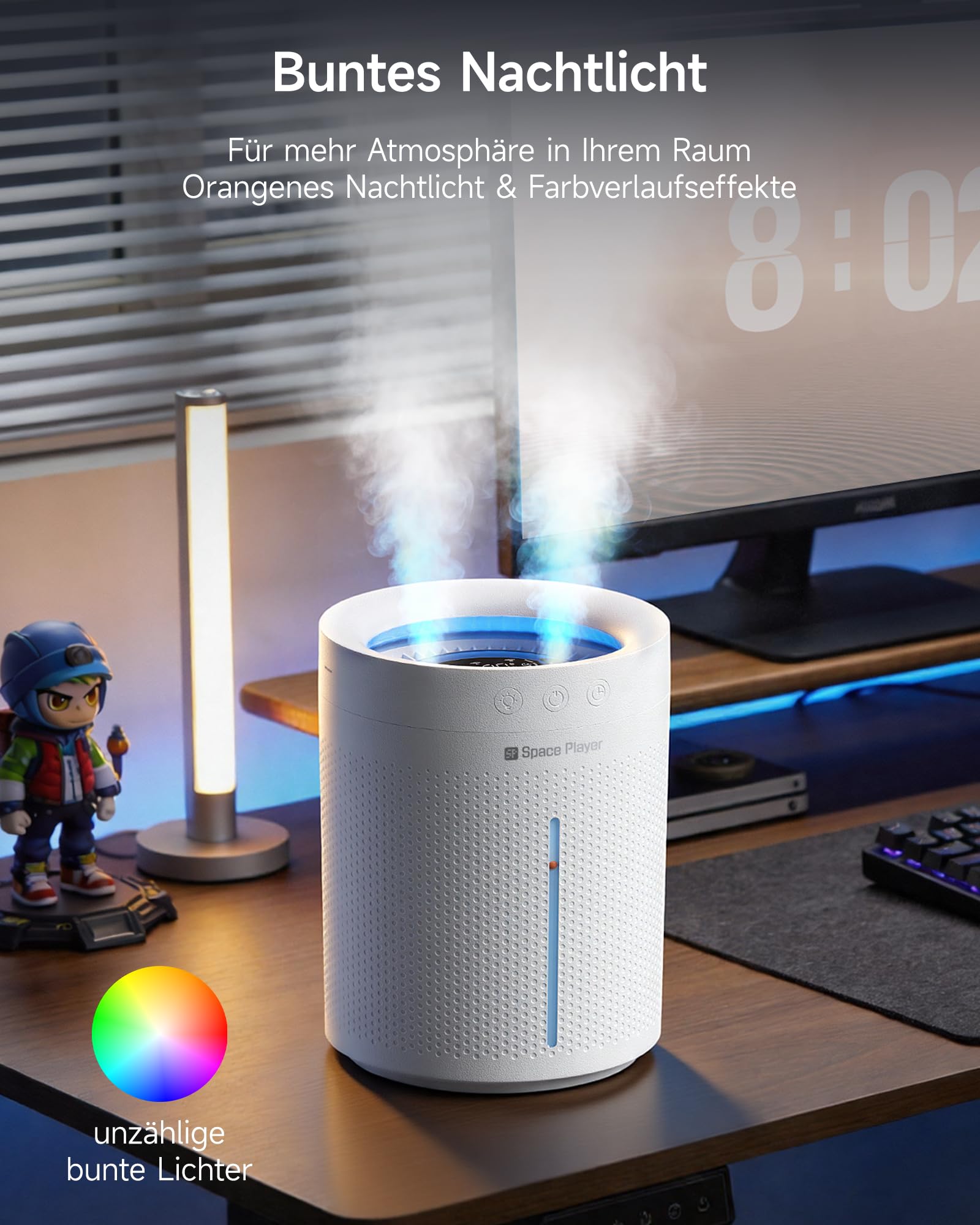 Space Player Luftbefeuchter Schlafzimmer Leise 3L Top-Fill Ultraschall, Kabellos 4000mAh Akku, Kaltnebel Luftbefeuchter mit Timer 2-8H, Auto Abschaltung Nachtlicht für Baby Kinderzimmer Büro Pflanzen