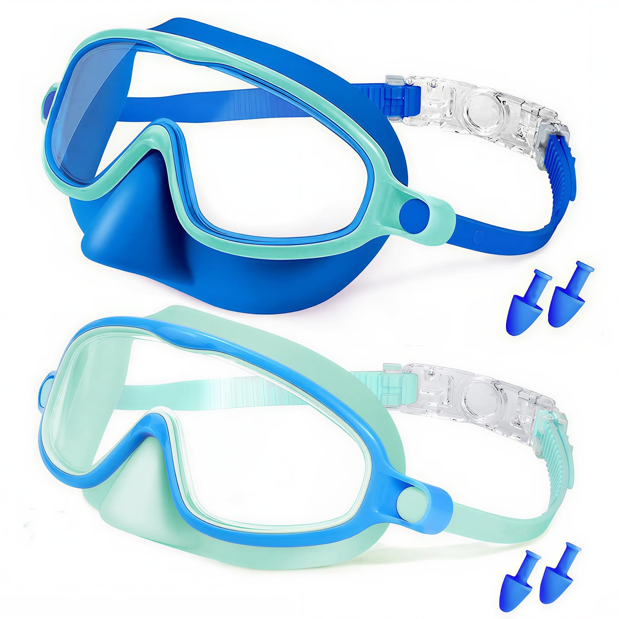 Kunoli 2 Pack Kids Swim Goggles Mask with Nose Cover for Boys Girls 3-14, Tempered Glass Lens 180° HD View, No-leak, Anti-UV Anti-Fog Pool Water Swimming Goggles Pool Beach (Blue + Sky Blue)