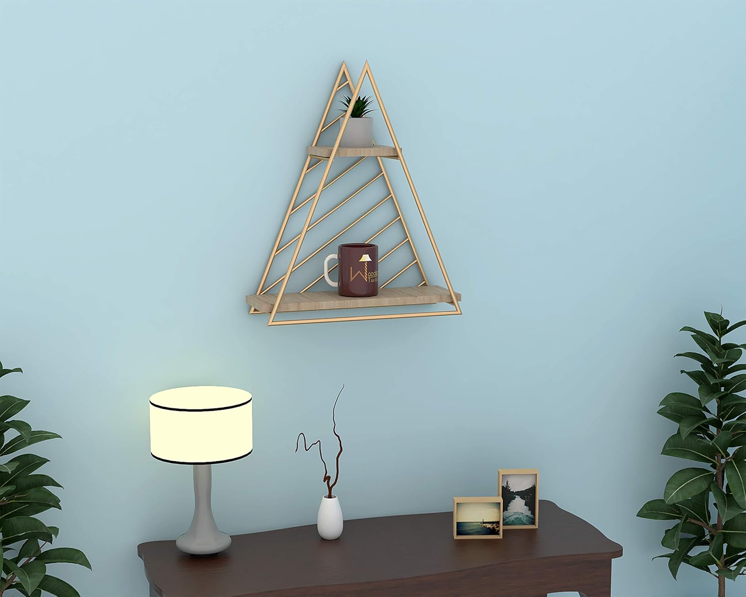Wooden Twist Metallic Twist 2 Tier Triangle Wooden Storage Wall Shelf ...