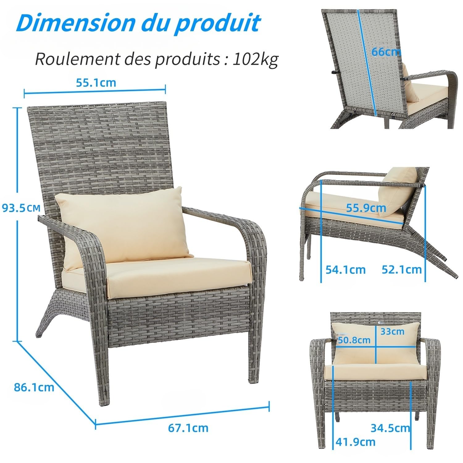YODOLLA Ensemble de 2 Fauteuils de Jardin Exterieur Adirondack en PE Rotin - Chaises de Jardin Confortables avec Coussins Détachables - Mobilier d'Extérieur pour Terrasse, Balcon et Piscine - Gris