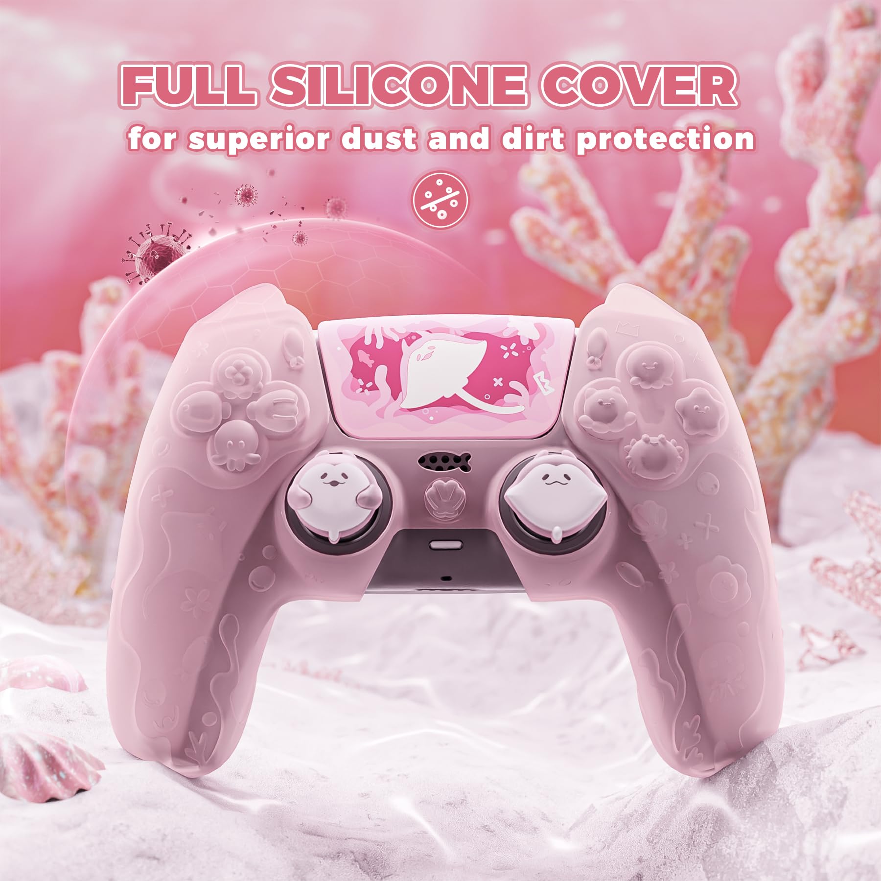 PlayVital Funda de Silicona Semitransparente para ps5 Mando - Serie Cute Ocean Whisper, Carcasa Protectora con Tapas para Joysticks y Pegatina, Compatible con Base de Carga (Rosa Melocotón)