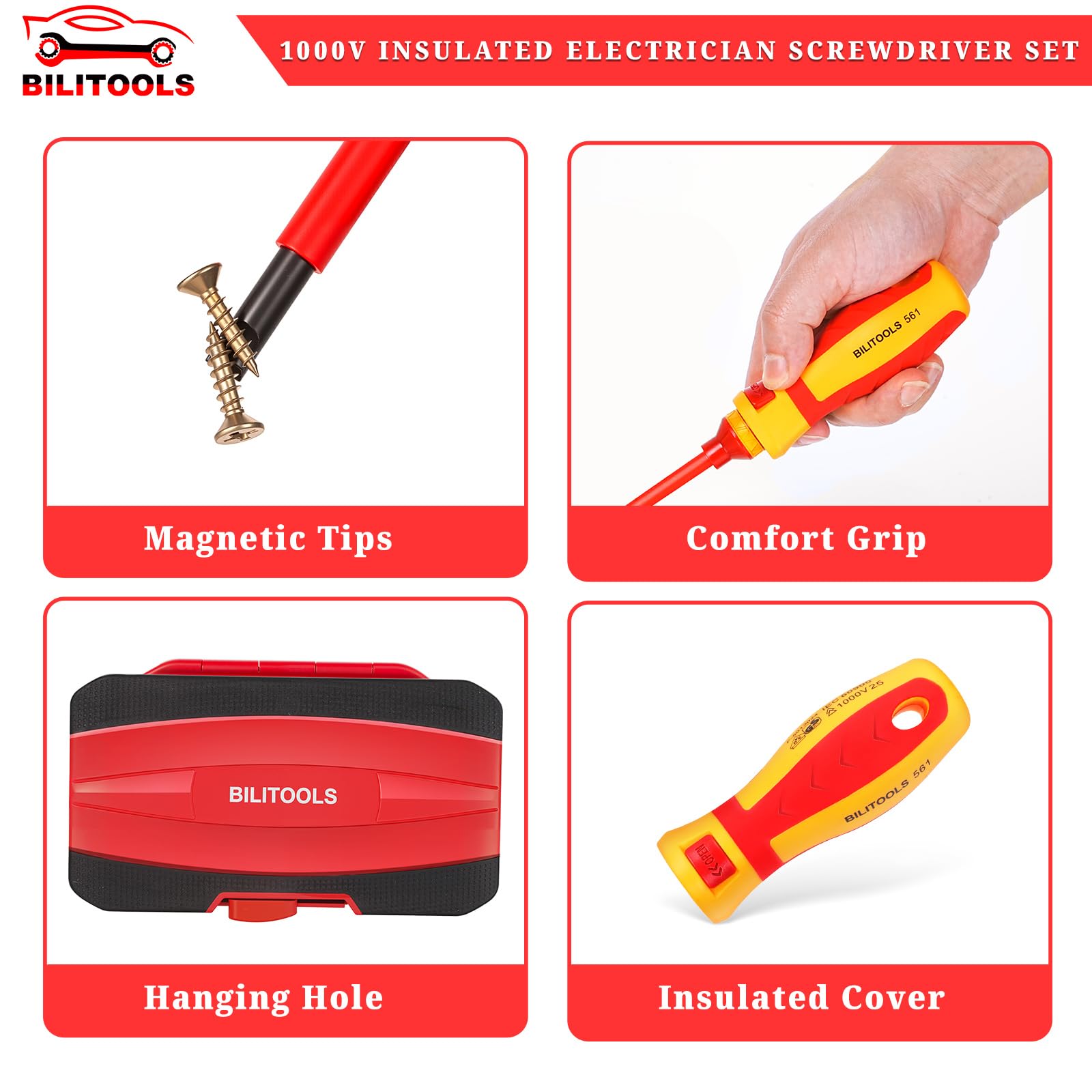 BILITOOLS Set di cacciaviti da elettricista isolati da 1000 V, kit di 13 strumenti elettrici con punte magnetiche in acciaio CR-V, manico isolato, Phillips, scanalato, Pozi, cacciaviti Torx