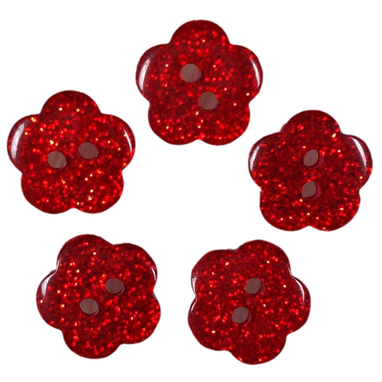 Push The Button Red Colour Glitter Flower Shape Buttons 10Mm Pack Of 5 (Red)
