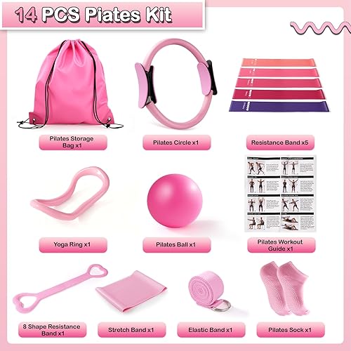 Miniatura 7 de Equipo de pilates de 14 piezas para mujeres, kit de entrenamiento en casa con círculo de pilates, pelota de yoga de 9 pulgadas, banda de resistencia