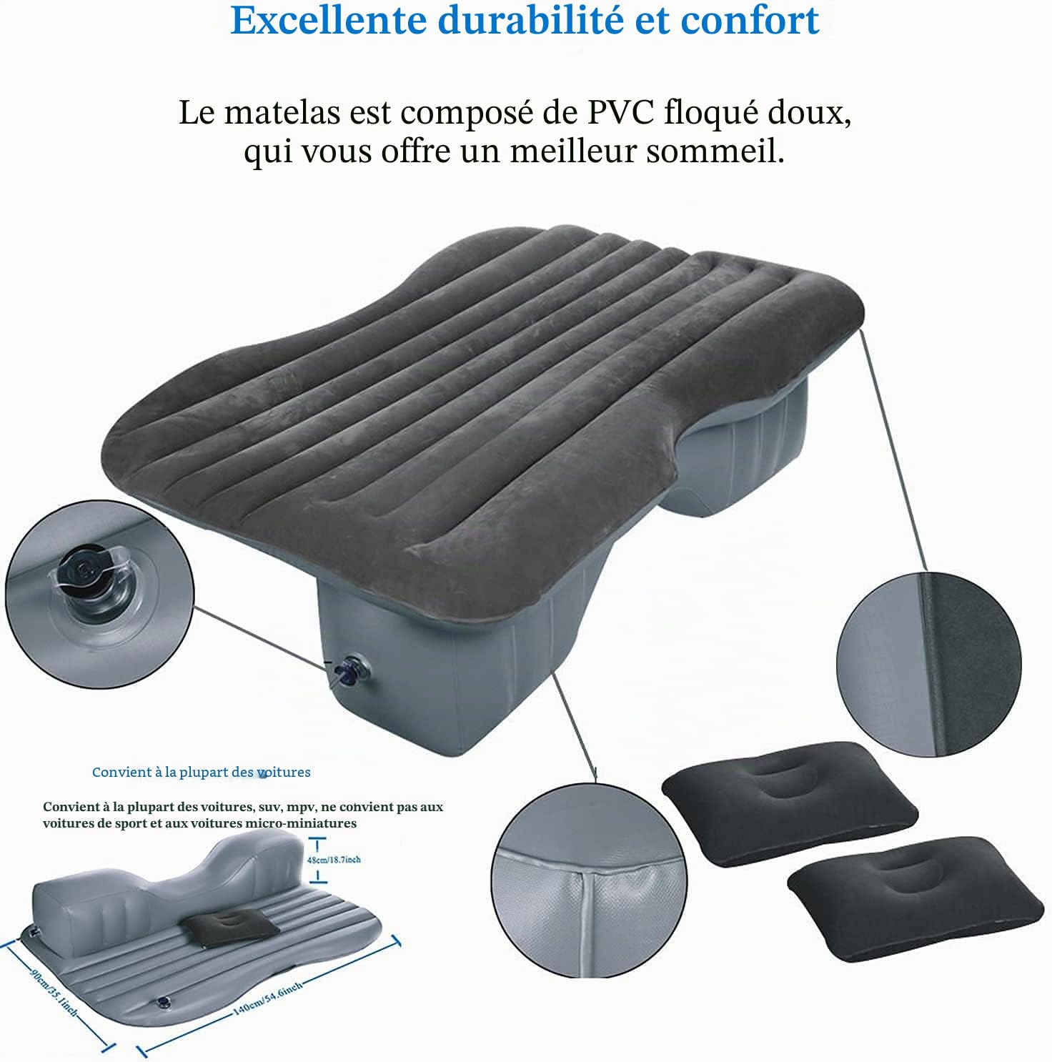 Matelas gonflable de voyage Pour voiture, van, camion, en camping, , PVC, SUV BLACK, Unfold Size: 70.9"×50"×4.7"