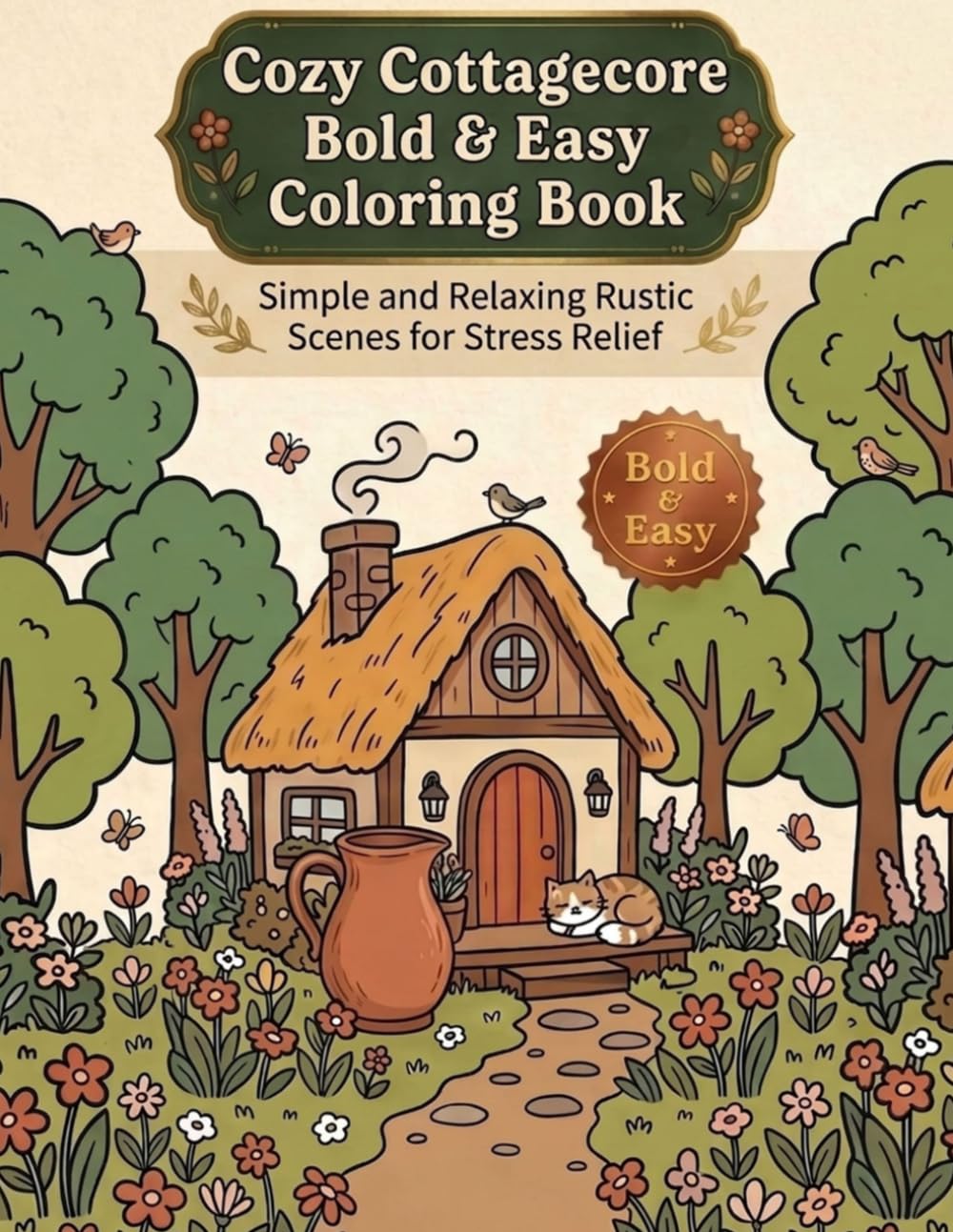 The Cozy CottageCore Coloring Book Bold & Easy Coloring Book: simple and Relaxing Rustic Scenes For Stress Relief