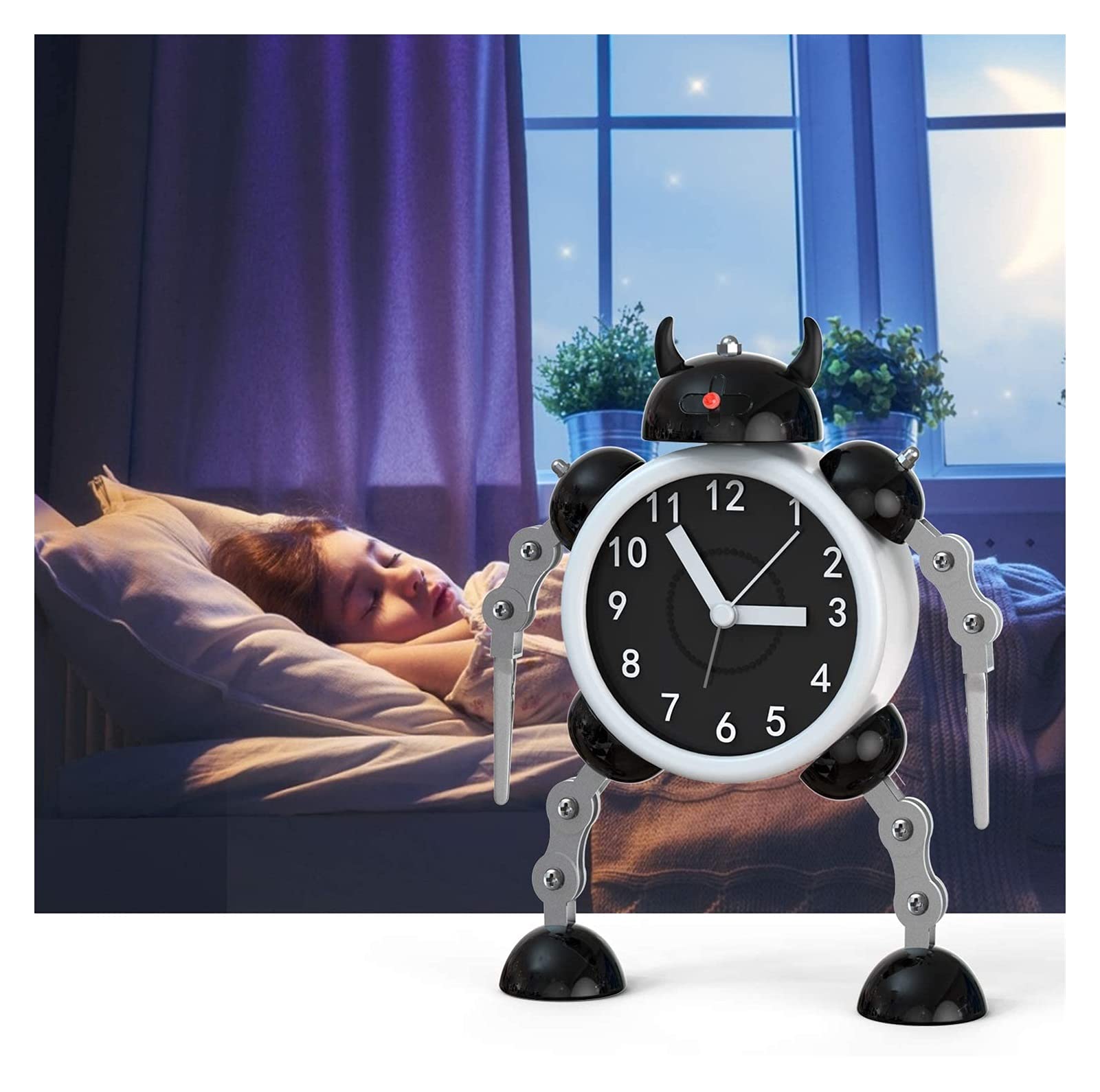 Budzik dla dzieci, robot budzik dzieci analogowy budzik bez tyknięcia cichego budzika dla chłopców dziewcząt, najlepszy prezent (niebieski) (Color : Black)