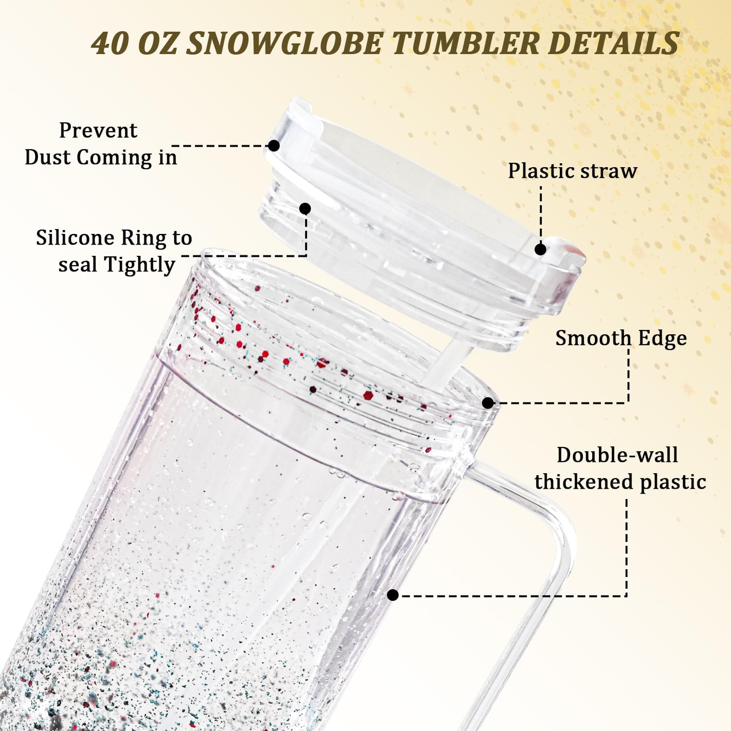 40oz Acrylic Snowglobe Tumbler, Pre Drilled Snow Globe Cup with Handle, Plastic Double Wall Snowglobe Cup for Glitter, Clear DIY Tumbler with Plug and Pre Hole - Image 4