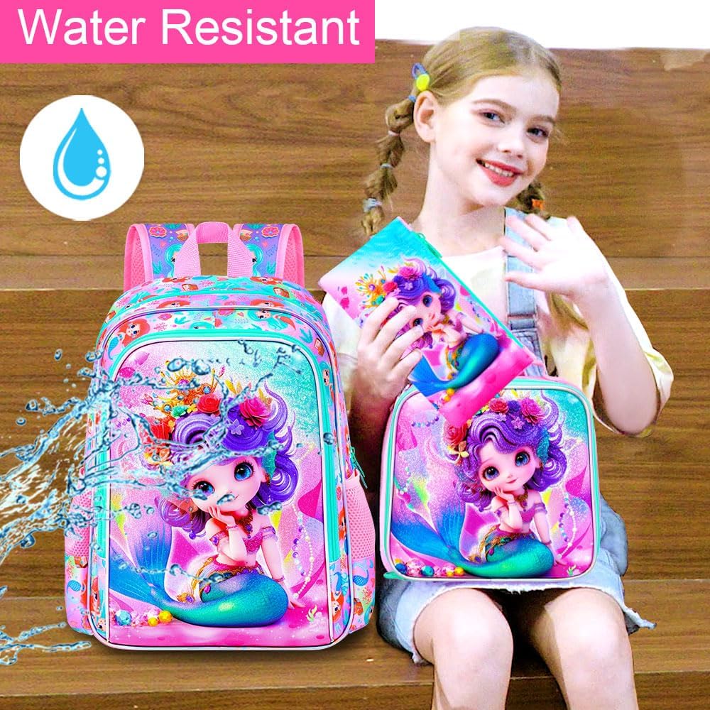 Mermaid Backpack, 16" Girls Kids Bookbag with Lunch Box,3Pcs School Backpacks for Elementary Preschool Kindergarten (Pink) - Image 7