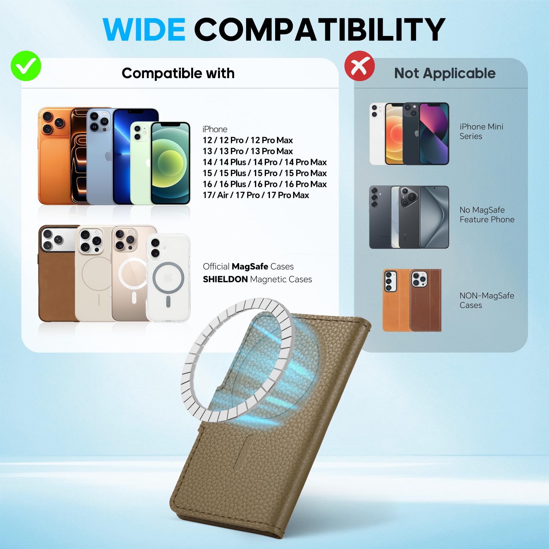 SHIELDON Tarjetero Adhesivo, Cartera Magnética de Cuero Genuino Extraíble [Bloqueo RFID][Ranura para Tarjeta] Leather Phone Wallet para iPhone Serie 17/16/15/14/13/12 - Grano de Litchi Caqui